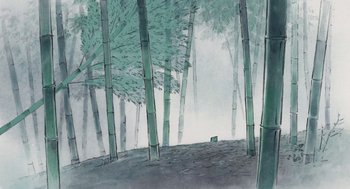Movie still from “The Tale of The Princess Kaguya” (2013), directed by Isao Takahata – A painting of trees in a forest with fog; Extreme Wide shot, Low angle