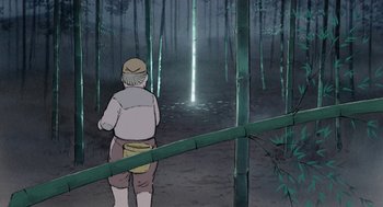 Movie still from “The Tale of The Princess Kaguya” (2013), directed by Isao Takahata – A man standing in the middle of a forest; Extreme Wide shot, High angle