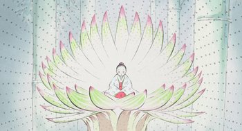 Movie still from “The Tale of The Princess Kaguya” (2013), directed by Isao Takahata – An illustration of a person sitting on a lotus flower; Extreme Wide shot, Overhead angle