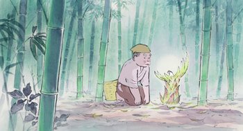 Movie still from “The Tale of The Princess Kaguya” (2013), directed by Isao Takahata – A man kneeling down next to a fire in the woods; Wide shot, Over the shoulder angle