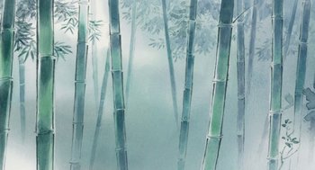 Movie still from “The Tale of The Princess Kaguya” (2013), directed by Isao Takahata – A painting of a bamboo forest in the fog; Extreme Close Up shot, Low angle