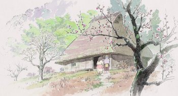 Movie still from “The Tale of The Princess Kaguya” (2013), directed by Isao Takahata – Two people standing outside of a house in a field; Extreme Wide shot, Low angle
