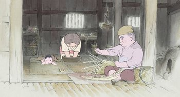 Movie still from “The Tale of The Princess Kaguya” (2013), directed by Isao Takahata – An illustration of a man and a woman sitting on the ground; Wide shot, Low angle