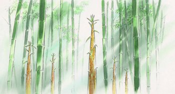Movie still from “The Tale of The Princess Kaguya” (2013), directed by Isao Takahata – A painting of a bamboo forest in the fog; Extreme Close Up shot, Low angle