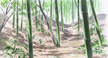 Movie still from “The Tale of The Princess Kaguya” (2013), directed by Isao Takahata – A painting of a path in the middle of a bamboo forest; Extreme Wide shot, Low angle
