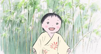 Movie still from “The Tale of The Princess Kaguya” (2013), directed by Isao Takahata – A child in a kimono standing in front of a bamboo forest; Close Up shot, Low angle