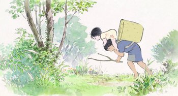 Movie still from “The Tale of The Princess Kaguya” (2013), directed by Isao Takahata – An illustration of a boy and a girl climbing a tree; Wide shot, Low angle