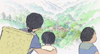 Movie still from “The Tale of The Princess Kaguya” (2013), directed by Isao Takahata – A woman and a little girl looking out a window; Extreme Close Up shot, High angle