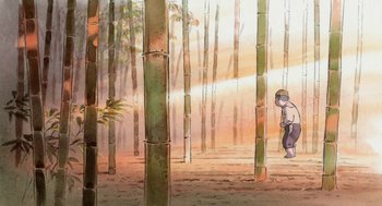 Movie still from “The Tale of The Princess Kaguya” (2013), directed by Isao Takahata – A painting of a person standing in a forest; Extreme Wide shot, Low angle