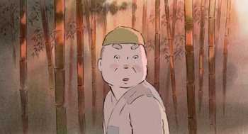Movie still from “The Tale of The Princess Kaguya” (2013), directed by Isao Takahata – An illustration of a man with a hat on his head; Close Up shot, Low angle