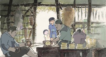 Movie still from “The Tale of The Princess Kaguya” (2013), directed by Isao Takahata – An animated scene of a man and a child; Wide shot, Over the shoulder angle