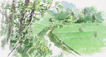 Movie still from “The Tale of The Princess Kaguya” (2013), directed by Isao Takahata – A painting of a man walking down a path in a field; Extreme Wide shot, High angle