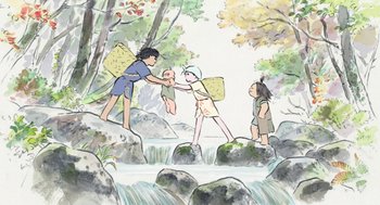 Movie still from “The Tale of The Princess Kaguya” (2013), directed by Isao Takahata – A drawing of two children and a woman near a waterfall; Wide shot, High angle