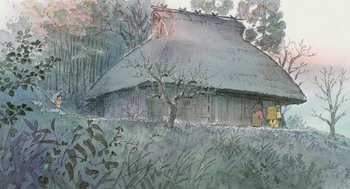 Movie still from “The Tale of The Princess Kaguya” (2013), directed by Isao Takahata – A painting of an old barn with a tree in the background; Extreme Wide shot, Low angle