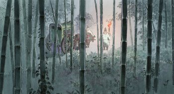 Movie still from “The Tale of The Princess Kaguya” (2013), directed by Isao Takahata – A painting of a man riding a horse drawn carriage through a bamboo forest; Wide shot, Low angle