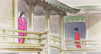 Movie still from “The Tale of The Princess Kaguya” (2013), directed by Isao Takahata – Two women in traditional japanese garb standing on a bridge; Extreme Wide shot, Low angle