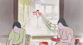 Movie still from “The Tale of The Princess Kaguya” (2013), directed by Isao Takahata – Two women sitting at a table in front of a bridge; Extreme Wide shot, High angle