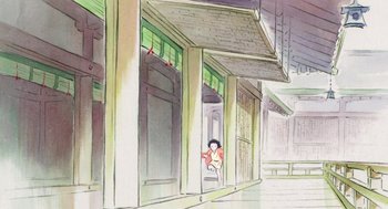 Movie still from “The Tale of The Princess Kaguya” (2013), directed by Isao Takahata – An illustration of a person sitting in a doorway; Extreme Wide shot, Low angle