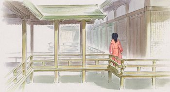 Movie still from “The Tale of The Princess Kaguya” (2013), directed by Isao Takahata – A woman standing on top of a wooden bench; Extreme Wide shot, High angle