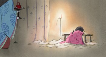 Movie still from “The Tale of The Princess Kaguya” (2013), directed by Isao Takahata – An illustration of a person laying on the floor; Wide shot, Over the shoulder angle