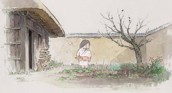 Movie still from “The Tale of The Princess Kaguya” (2013), directed by Isao Takahata – A woman is standing in a field holding a book; Extreme Close Up shot, Over the shoulder angle