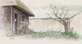 Movie still from “The Tale of The Princess Kaguya” (2013), directed by Isao Takahata – An artistic drawing of a house and a tree; Extreme Wide shot, High angle