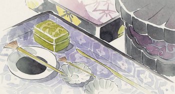 Movie still from “The Tale of The Princess Kaguya” (2013), directed by Isao Takahata – A watercolor painting of a tray of food and chopsticks on a table; Extreme Close Up shot, Overhead angle