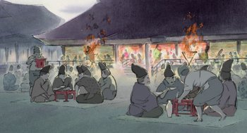 Movie still from “The Tale of The Princess Kaguya” (2013), directed by Isao Takahata – A group of people sitting on the ground in front of a building; Extreme Wide shot, High angle