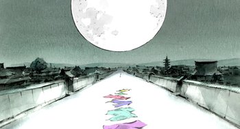 Movie still from “The Tale of The Princess Kaguya” (2013), directed by Isao Takahata – An artistic drawing of a street with a moon in the background; Extreme Wide shot, Overhead angle