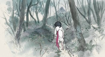 Movie still from “The Tale of The Princess Kaguya” (2013), directed by Isao Takahata – A painting of a child in the woods looking back; Extreme Wide shot, High angle