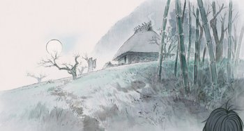 Movie still from “The Tale of The Princess Kaguya” (2013), directed by Isao Takahata – An artistic drawing of a house on a hill; Extreme Wide shot, Low angle