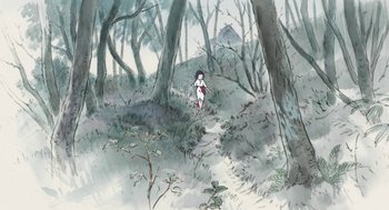 Movie still from “The Tale of The Princess Kaguya” (2013), directed by Isao Takahata – A painting of a woman walking through the woods; Extreme Wide shot, High angle
