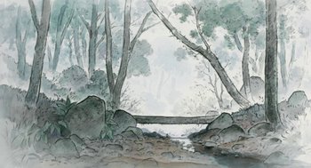Movie still from “The Tale of The Princess Kaguya” (2013), directed by Isao Takahata – A painting of a bridge over a river; Extreme Wide shot, High angle