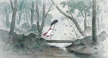 Movie still from “The Tale of The Princess Kaguya” (2013), directed by Isao Takahata – A woman running across a bridge in the woods; Extreme Wide shot, High angle