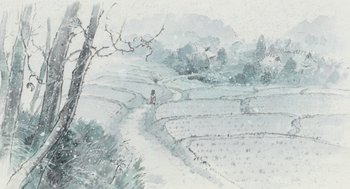 Movie still from “The Tale of The Princess Kaguya” (2013), directed by Isao Takahata – A painting of a person walking on a path in the snow; Extreme Wide shot, High angle