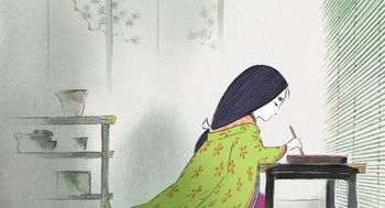 Movie still from “The Tale of The Princess Kaguya” (2013), directed by Isao Takahata – A woman sitting at a table writing on a piece of paper; Medium shot, Over the shoulder angle