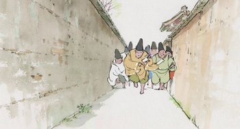 Movie still from “The Tale of The Princess Kaguya” (2013), directed by Isao Takahata – A group of men in traditional garb walking down a street; Wide shot, Low angle