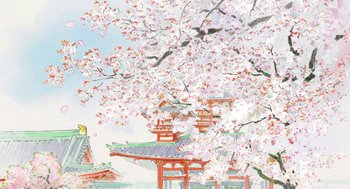 Movie still from “The Tale of The Princess Kaguya” (2013), directed by Isao Takahata – An artistic painting of a cherry blossom tree; Extreme Wide shot, Low angle