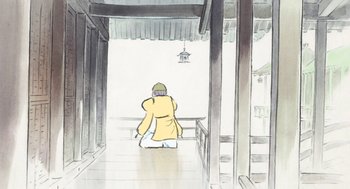 Movie still from “The Tale of The Princess Kaguya” (2013), directed by Isao Takahata – A man in a yellow coat walking down a hall way; Extreme Wide shot, Low angle
