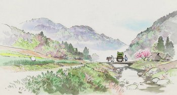 Movie still from “The Tale of The Princess Kaguya” (2013), directed by Isao Takahata – A man riding a horse drawn carriage down a road; Extreme Wide shot, Low angle