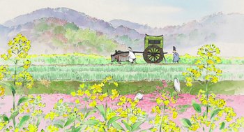 Movie still from “The Tale of The Princess Kaguya” (2013), directed by Isao Takahata – A painting of a horse and carriage in a field; Extreme Wide shot, Low angle