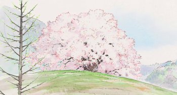 Movie still from “The Tale of The Princess Kaguya” (2013), directed by Isao Takahata – A painting of a tree with pink flowers; Extreme Wide shot, Low angle