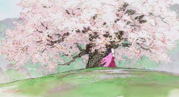 Movie still from “The Tale of The Princess Kaguya” (2013), directed by Isao Takahata – A woman in a pink dress standing under a cherry tree; Extreme Wide shot, Low angle