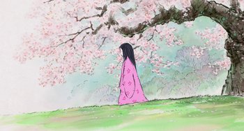 Movie still from “The Tale of The Princess Kaguya” (2013), directed by Isao Takahata – A painting of a woman in a pink dress under a cherry tree; Extreme Wide shot, Low angle