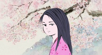 Movie still from “The Tale of The Princess Kaguya” (2013), directed by Isao Takahata – A painting of a young girl in a pink dress; Close Up shot, Low angle
