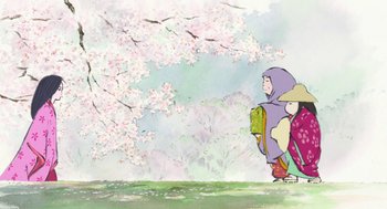 Movie still from “The Tale of The Princess Kaguya” (2013), directed by Isao Takahata – A painting of two people standing next to each other under a tree; Extreme Wide shot, Low angle