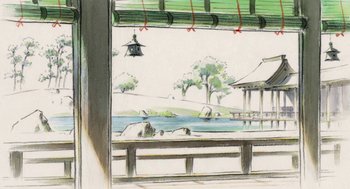 Movie still from “The Tale of The Princess Kaguya” (2013), directed by Isao Takahata – A drawing of a building with a view of a pond; Extreme Wide shot, High angle