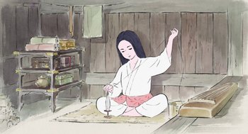 Movie still from “The Tale of The Princess Kaguya” (2013), directed by Isao Takahata – A woman in a white kimono is sitting on the floor; Medium shot, Low angle