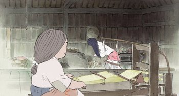 Movie still from “The Tale of The Princess Kaguya” (2013), directed by Isao Takahata – An illustration of a woman sitting in front of a loom; Wide shot, Low angle