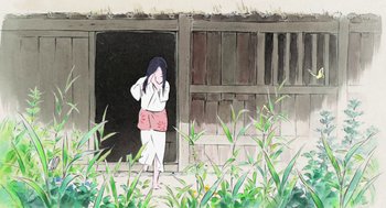 Movie still from “The Tale of The Princess Kaguya” (2013), directed by Isao Takahata – A woman standing in front of a building; Wide shot, Over the shoulder angle